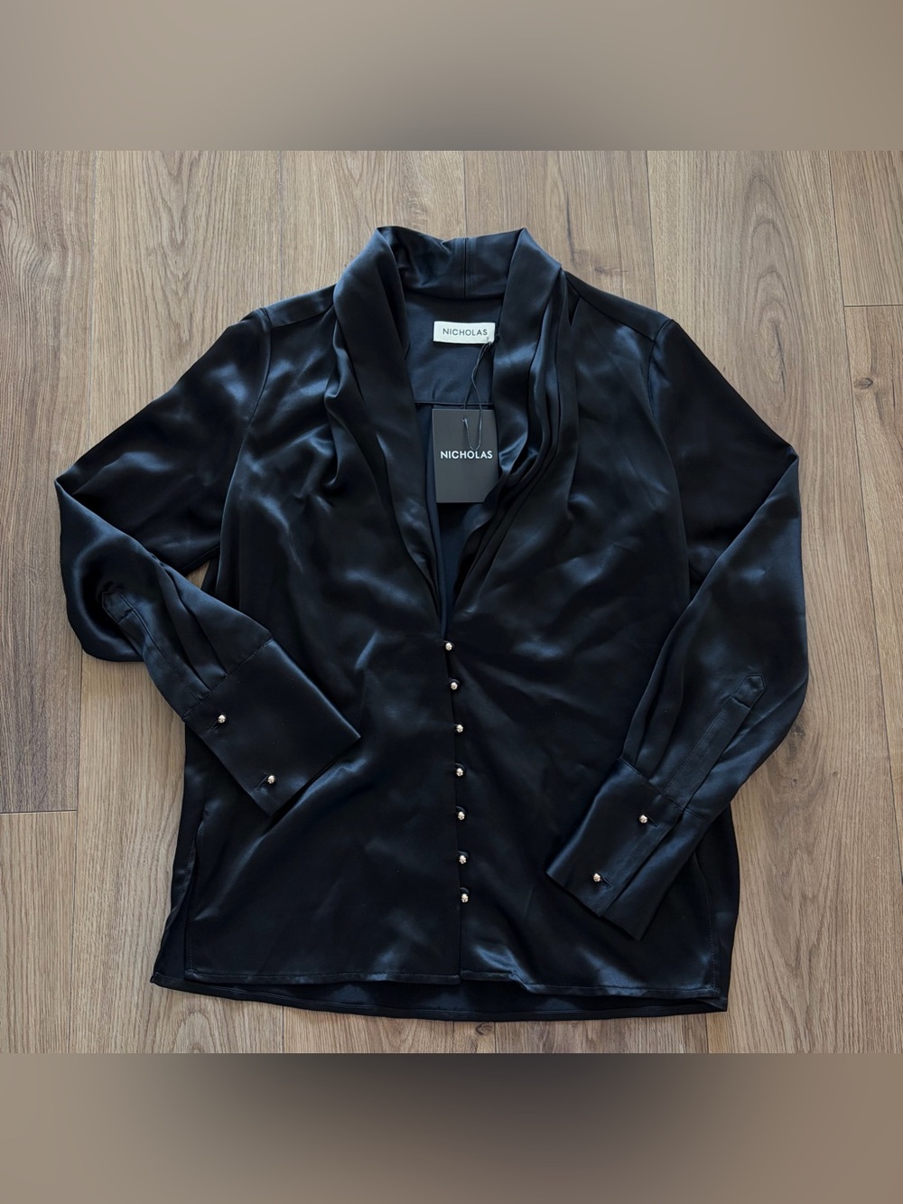 NICHOLAS Black Satin Pearl-Button Blouse